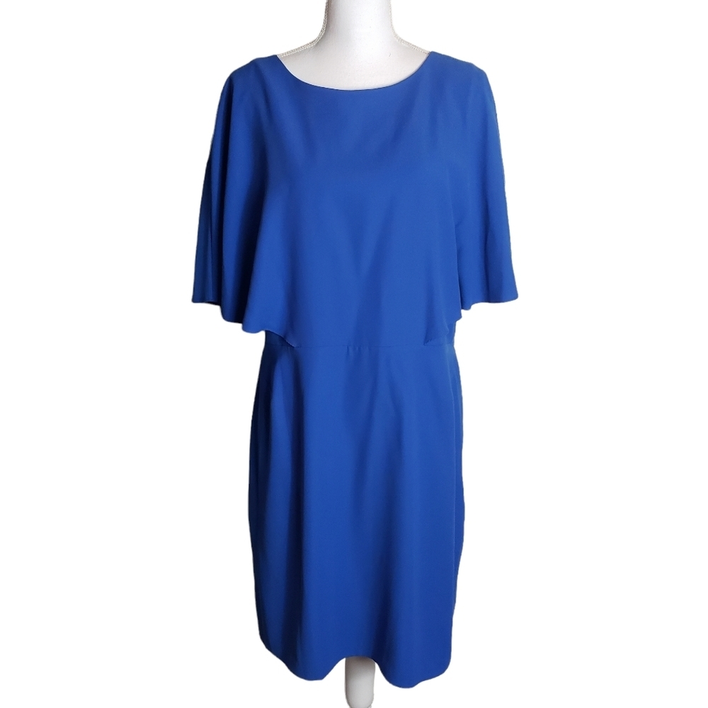 H By Halston Blue Chiffon Shift Dress Size 14 Flutter Bodice Keyhole Back Lined